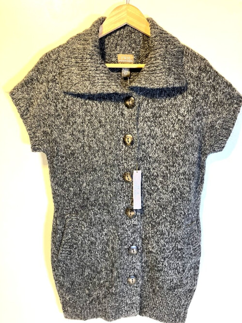 FENN WRIGHT MANSON Gray Cap-Sleeve Chunky Knit Cardigan Wool-Blend Sweater. Sz M
